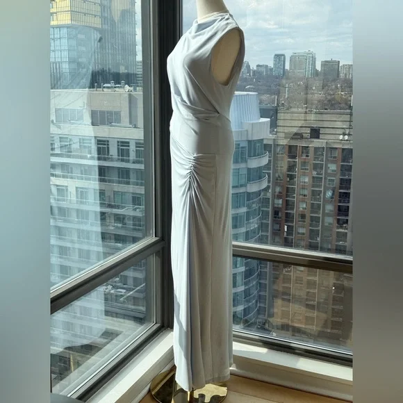 🆕 SIMKHAI 🧿 NWOT Acacia Draped Ruched Jersey Midi Dress, Blue Haze - Sz L - Picture 10 of 16